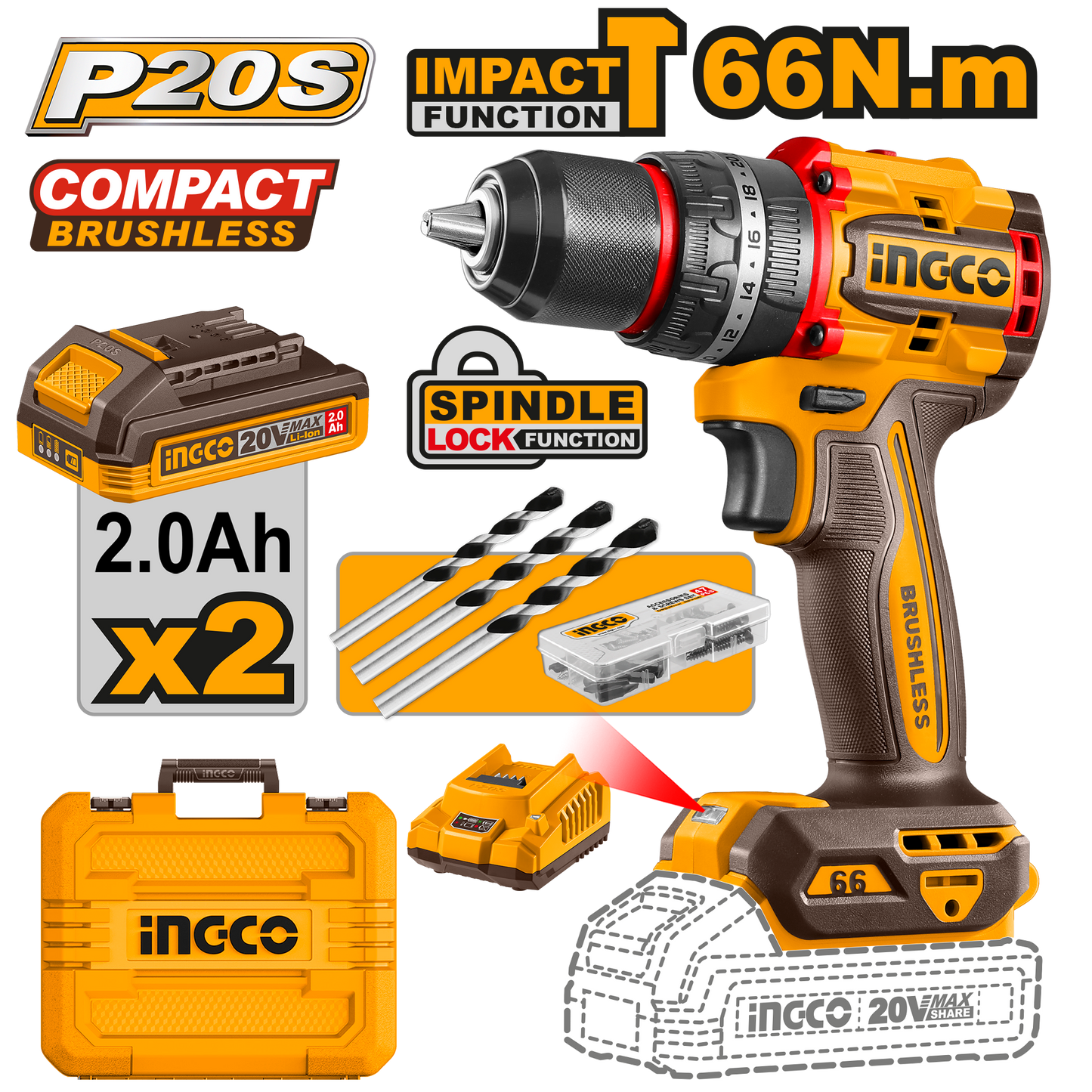 Aku udarna bušilica 66NM 2X2AH SUPER INGCO CIDLI20668E